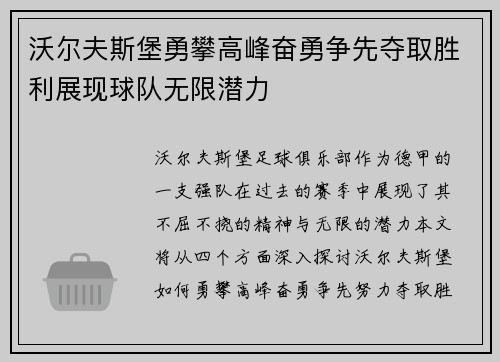 沃尔夫斯堡勇攀高峰奋勇争先夺取胜利展现球队无限潜力