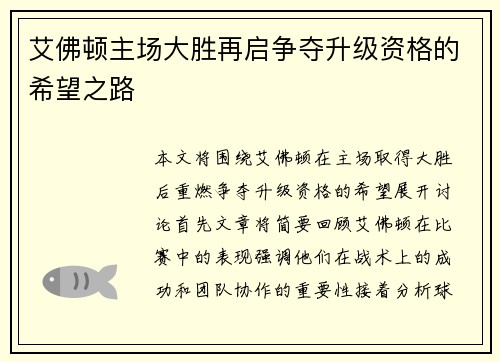 艾佛顿主场大胜再启争夺升级资格的希望之路