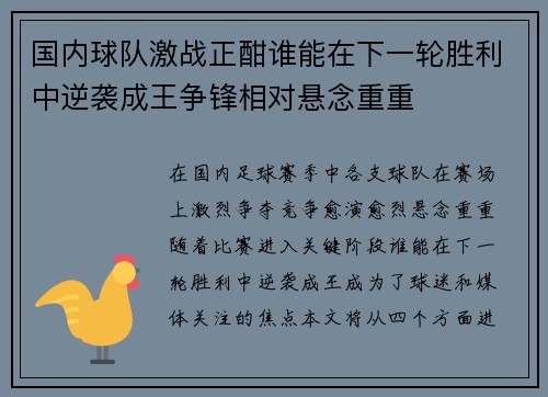 国内球队激战正酣谁能在下一轮胜利中逆袭成王争锋相对悬念重重