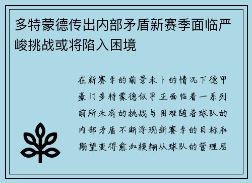 多特蒙德传出内部矛盾新赛季面临严峻挑战或将陷入困境