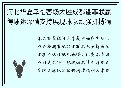 河北华夏幸福客场大胜成都谢菲联赢得球迷深情支持展现球队顽强拼搏精神