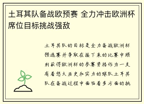 土耳其队备战欧预赛 全力冲击欧洲杯席位目标挑战强敌