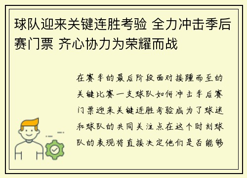 球队迎来关键连胜考验 全力冲击季后赛门票 齐心协力为荣耀而战