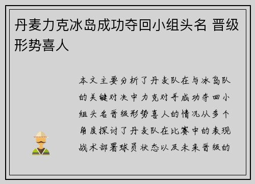 丹麦力克冰岛成功夺回小组头名 晋级形势喜人