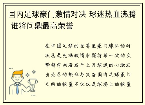 国内足球豪门激情对决 球迷热血沸腾 谁将问鼎最高荣誉