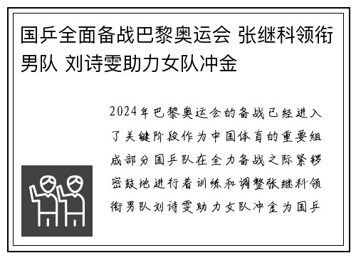 国乒全面备战巴黎奥运会 张继科领衔男队 刘诗雯助力女队冲金